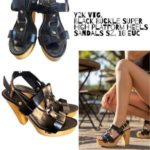 Y2K VTG. BLACK BUCKLE SUPER HIGH PLATFORM SANDALS HEELS SZ. 10 EUC‎
